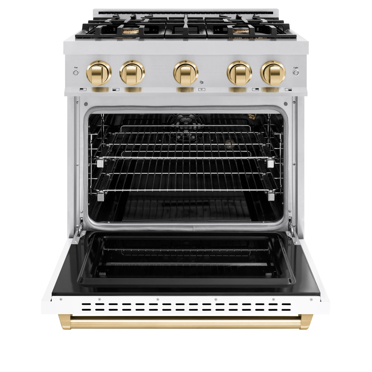 ZLINE - Autograph Edition 30 in. 4.2 cu. ft. Classic Gas Range with 4 Burner Cooktop and Convection Gas Oven in Stainless Steel with White Matte Door and Polished Gold Accents