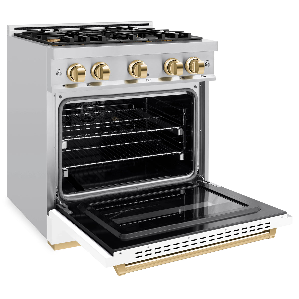 ZLINE - Autograph Edition 30 in. 4.2 cu. ft. Classic Gas Range with 4 Burner Cooktop and Convection Gas Oven in Stainless Steel with White Matte Door and Polished Gold Accents