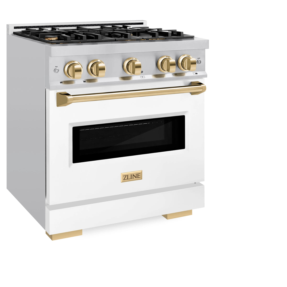 ZLINE - Autograph Edition 30 in. 4.2 cu. ft. Classic Gas Range with 4 Burner Cooktop and Convection Gas Oven in Stainless Steel with White Matte Door and Polished Gold Accents