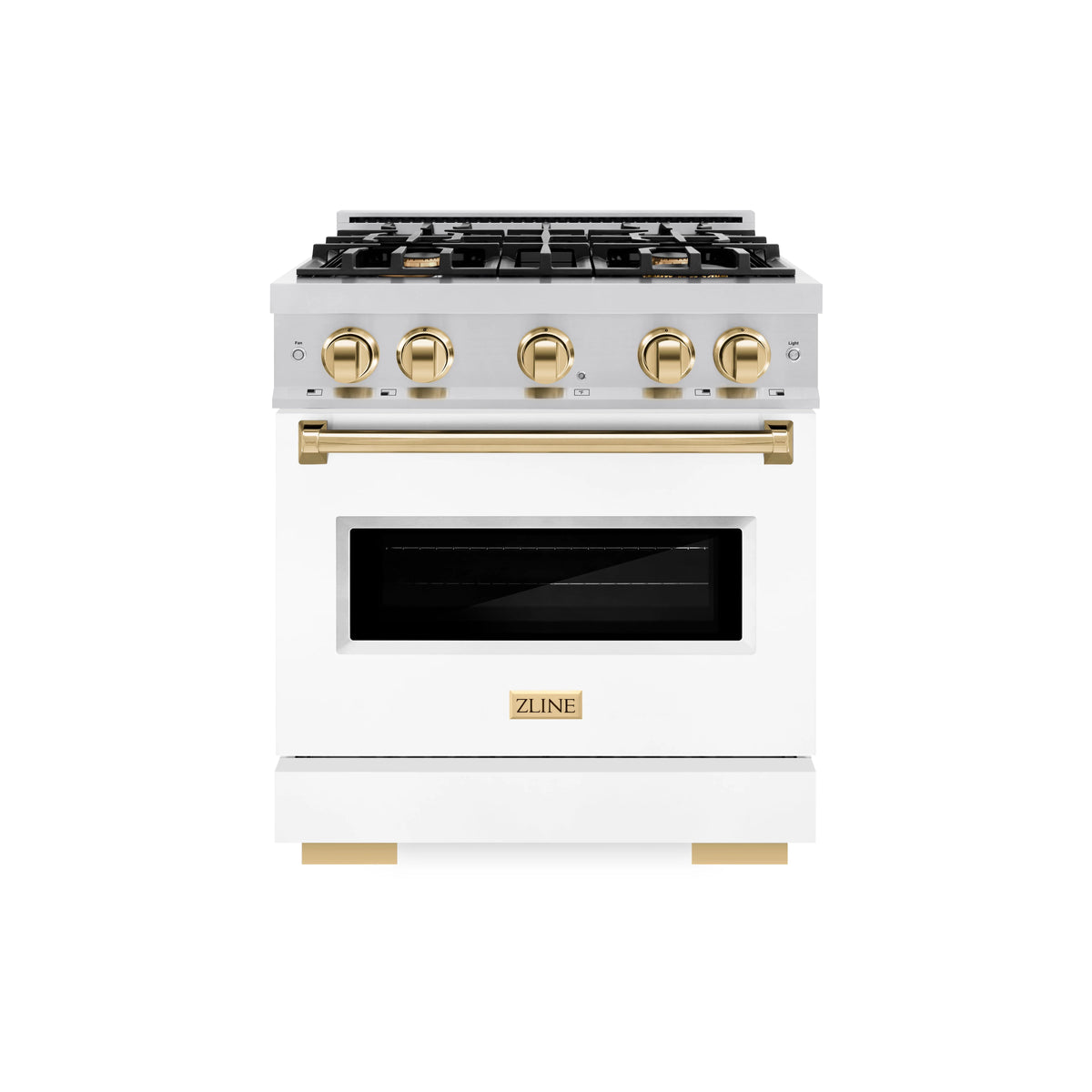 ZLINE - Autograph Edition 30 in. 4.2 cu. ft. Classic Gas Range with 4 Burner Cooktop and Convection Gas Oven in Satin Stainless Steel with White Matte Door and Polished Gold Accents