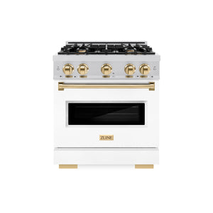 ZLINE - Autograph Edition 30 in. 4.2 cu. ft. Classic Gas Range with 4 Burner Cooktop and Convection Gas Oven in Satin Stainless Steel with White Matte Door and Polished Gold Accents