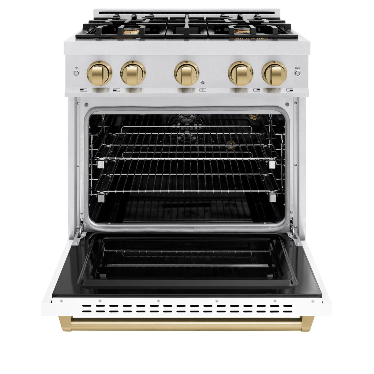 ZLINE - Autograph Edition 30 in. 4.2 cu. ft. Classic Gas Range with 4 Burner Cooktop and Convection Gas Oven in Satin Stainless Steel with White Matte Door and Champagne Bronze Accents