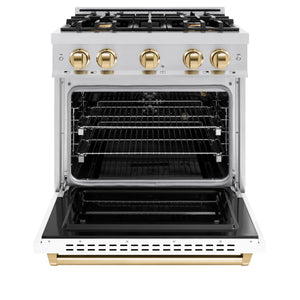 ZLINE - Autograph Edition 30 in. 4.2 cu. ft. Classic Gas Range with 4 Burner Cooktop and Convection Gas Oven in Satin Stainless Steel with White Matte Door and Polished Gold Accents