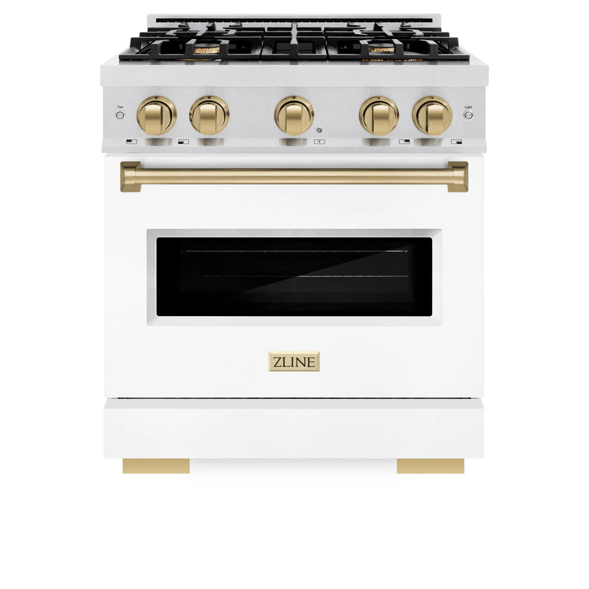 ZLINE - Autograph Edition 30 in. 4.2 cu. ft. Classic Gas Range with 4 Burner Cooktop and Convection Gas Oven in Satin Stainless Steel with White Matte Door and Champagne Bronze Accents