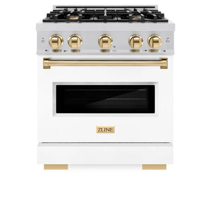 ZLINE - Autograph Edition 30 in. 4.2 cu. ft. Classic Gas Range with 4 Burner Cooktop and Convection Gas Oven in Satin Stainless Steel with White Matte Door and Polished Gold Accents