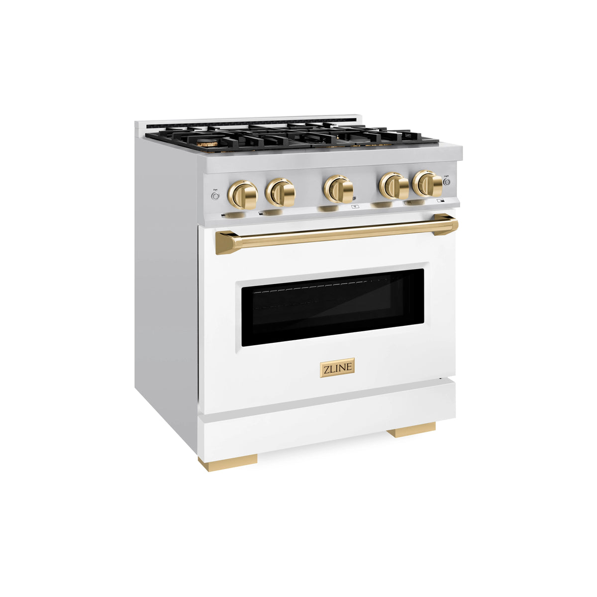 ZLINE - Autograph Edition 30 in. 4.2 cu. ft. Classic Gas Range with 4 Burner Cooktop and Convection Gas Oven in Satin Stainless Steel with White Matte Door and Polished Gold Accents