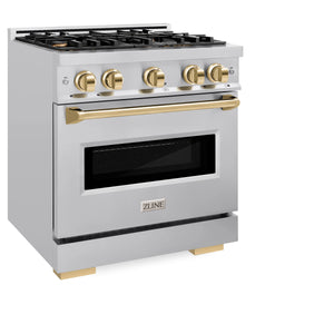 ZLINE - Autograph Edition 30 in. 4.2 cu. ft. Classic Gas Range with 4 Burner Cooktop and Convection Gas Oven in Stainless Steel and Polished Gold Accents