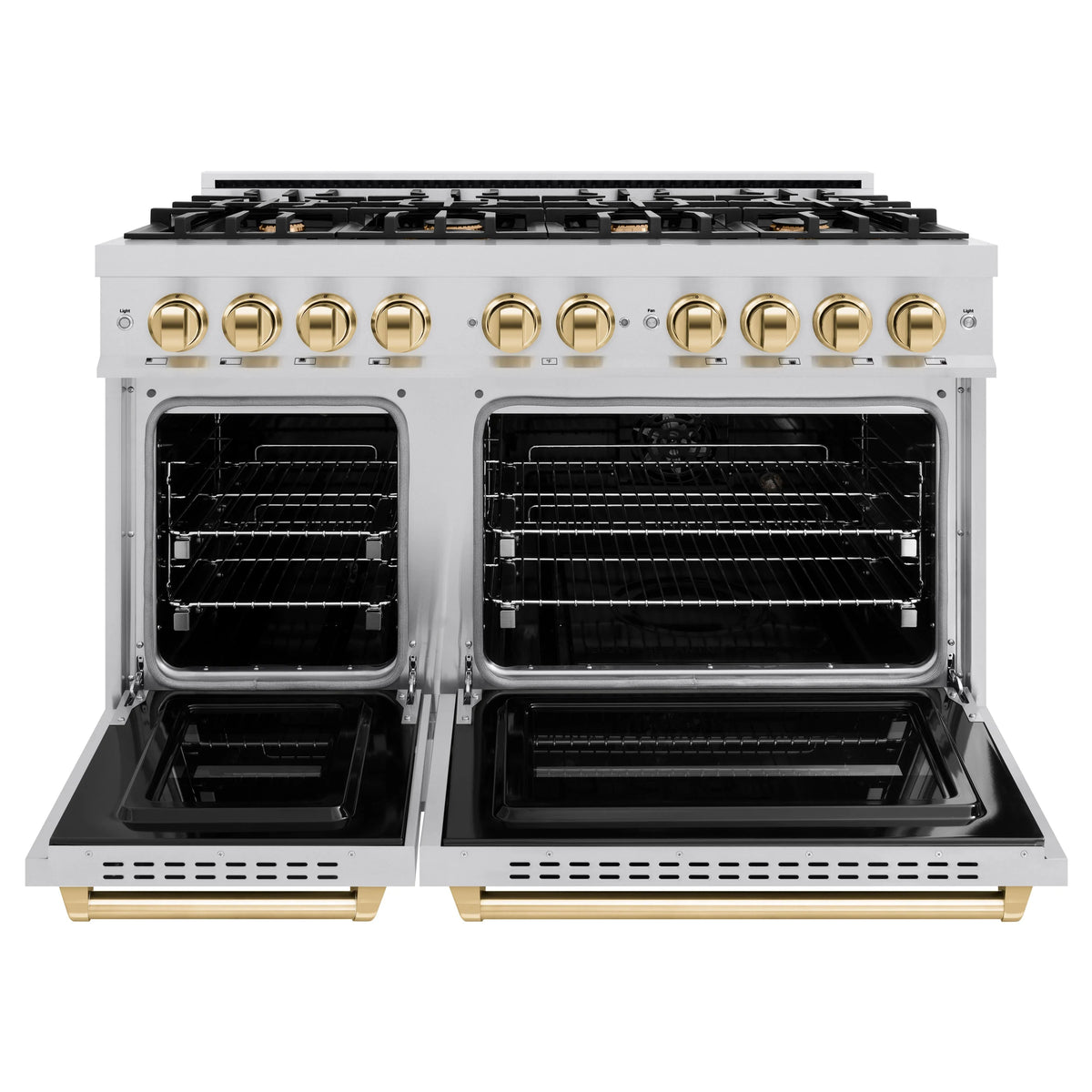 ZLINE - Autograph Edition 48 in. 6.7 cu. ft. Classic Double Oven Gas Range with 8 Burner Cooktop in Stainless Steel and Polished Gold Accents