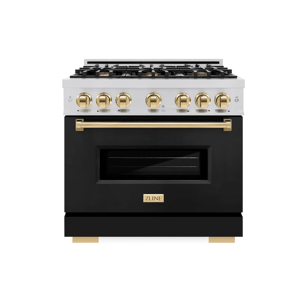 ZLINE - Autograph Edition 36 in. 5.2 cu. ft. Classic Gas Range with 6 Burner Cooktop and Convection Gas Oven in Stainless Steel with Black Matte Door and Polished Gold Accents