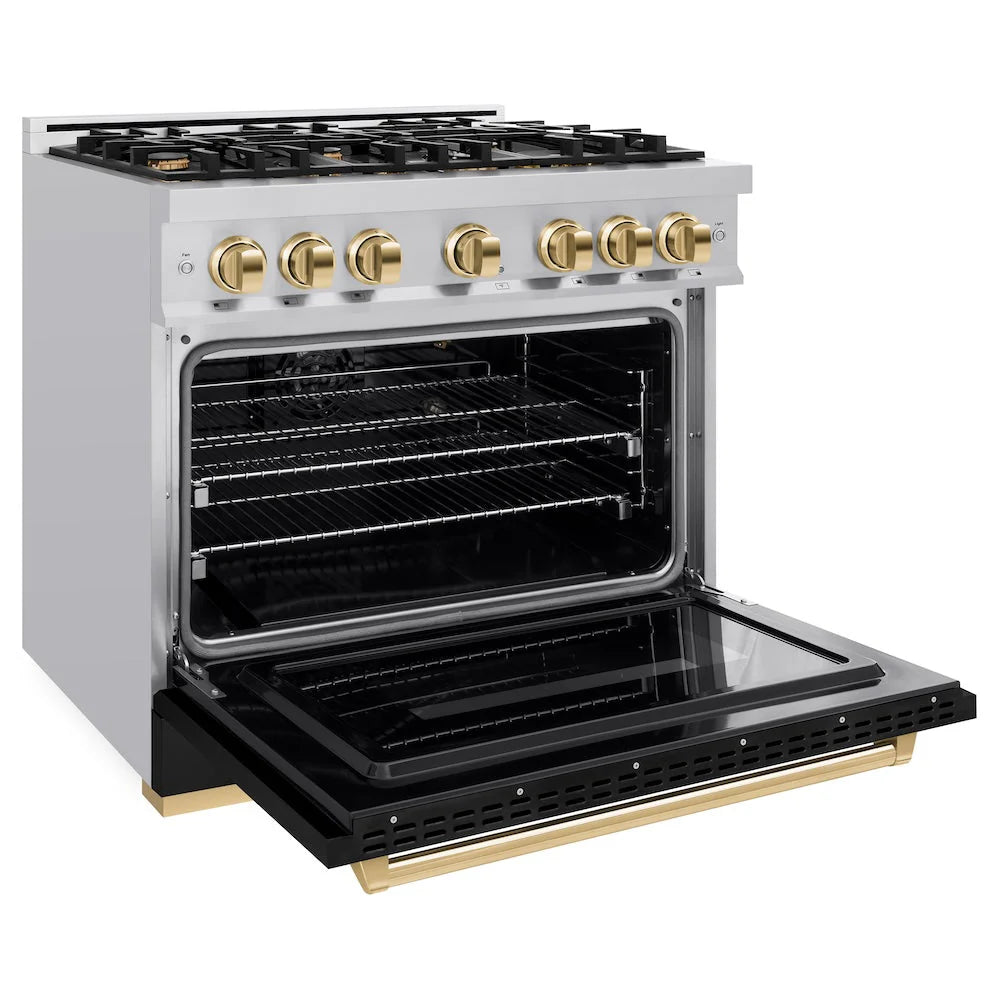 ZLINE - Autograph Edition 36 in. 5.2 cu. ft. Classic Gas Range with 6 Burner Cooktop and Convection Gas Oven in Stainless Steel with Black Matte Door and Polished Gold Accents