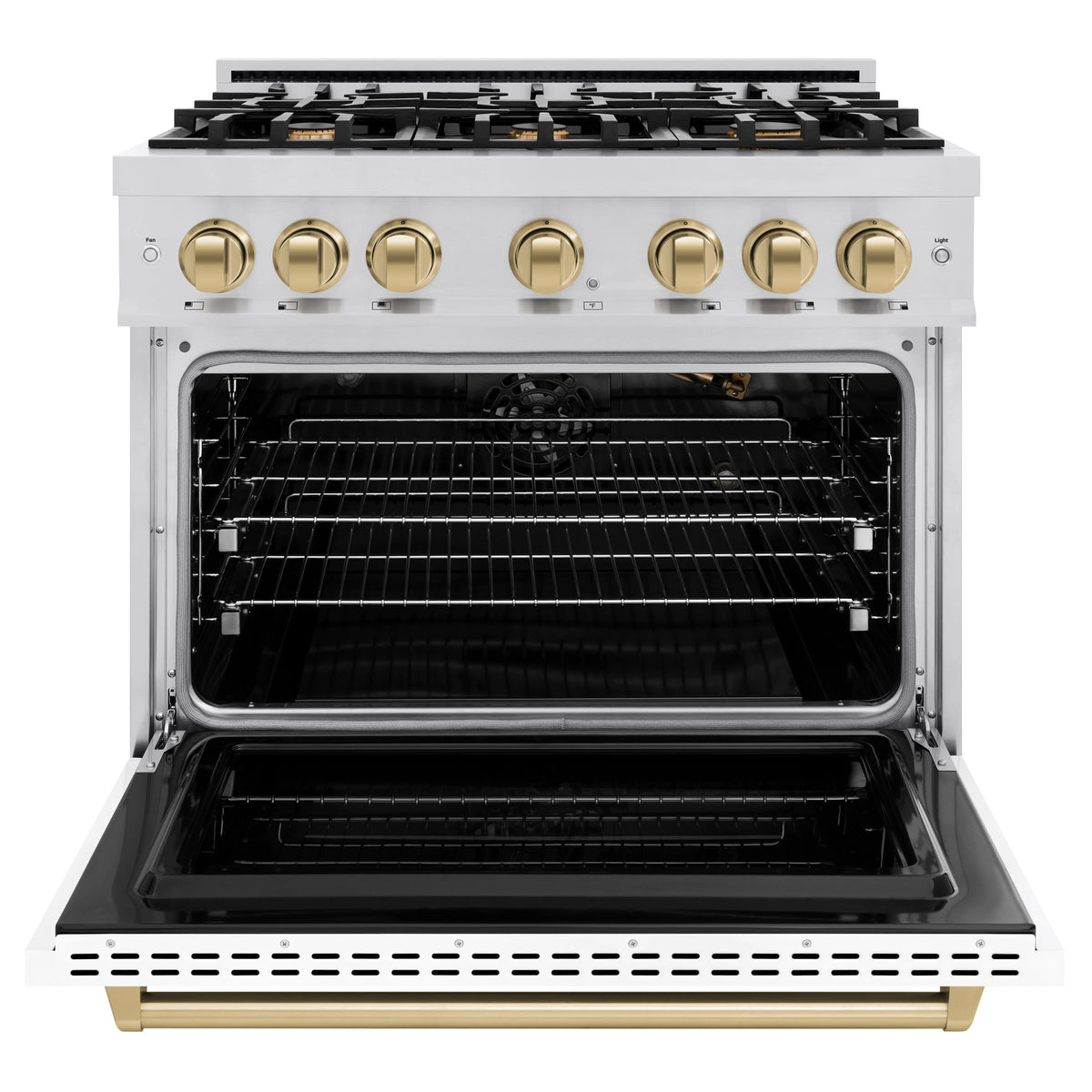 ZLINE - Autograph Edition 36 in. 5.2 cu. ft. Classic Gas Range with 6 Burner Cooktop and Convection Gas Oven in Stainless Steel with White Matte Door and Champagne Bronze Accents