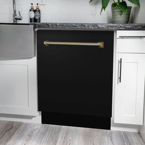 ZLINE 48" Autograph Edition Kitchen Package, Black Stainless Steel Dual Fuel Range, Range Hood, Dishwasher, Refrigeration, Champagne Bronze Accents