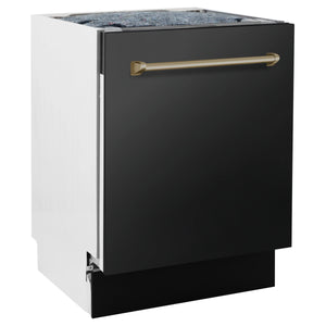 ZLINE - 36" Autograph Edition Kitchen Package with Black Stainless Steel Dual Fuel Range, Range Hood and Dishwasher with Champagne Bronze Accents