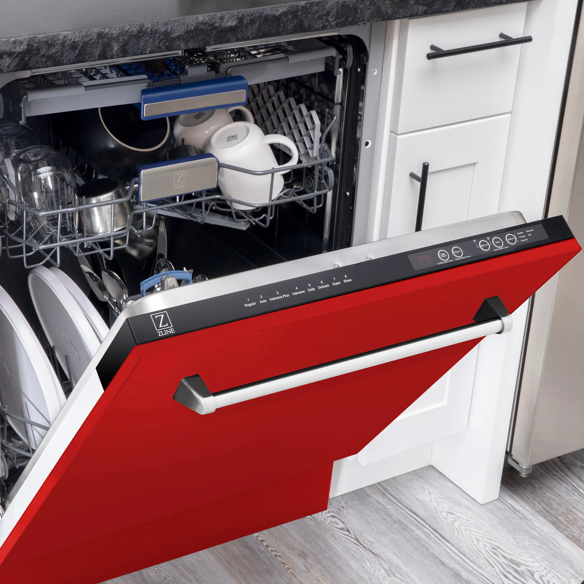 ZLINE 24&quot; Tallac Series 3rd Rack Tall Tub Dishwasher in Red Matte with Stainless Steel Tub, 51dBa (DWV-RM-24)