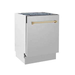 ZLINE - Autograph Edition 24" 3rd Rack Top Control Tall Tub Dishwasher in Stainless Steel with Champagne Bronze Handle, 51dBa (DWVZ-304-24-CB)