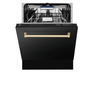 ZLINE - 36" Autograph Edition Kitchen Package with Black Stainless Steel Dual Fuel Range, Range Hood and Dishwasher with Champagne Bronze Accents