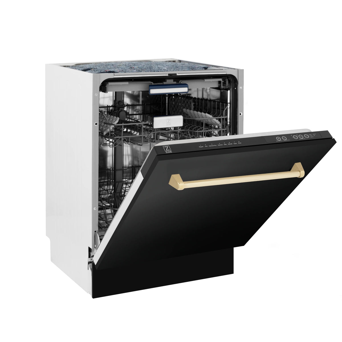 ZLINE - 48&quot; Autograph Edition Kitchen Package with Black Stainless Steel Dual Fuel Range, Range Hood, Dishwasher and Refrigeration with Gold Accents