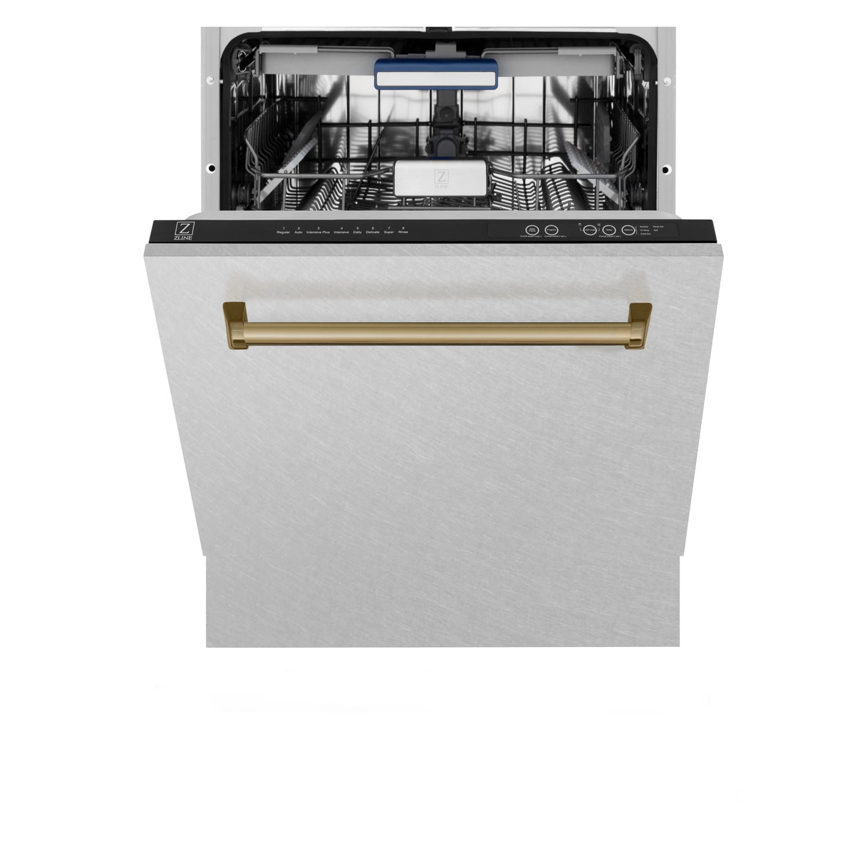 ZLINE - Autograph Edition 24&quot; 3rd Rack Top Control Tall Tub Dishwasher in DuraSnow® Stainless Steel with Champagne Bronze Handle, 51dBa (DWVZ-SN-24-CB)