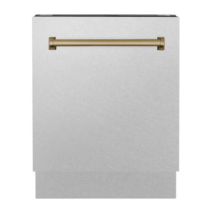 ZLINE Autograph Edition 24" 3rd Rack Top Control Tall Tub Dishwasher in DuraSnow® Stainless Steel with Champagne Bronze Handle, 51dBa (DWVZ-SN-24-CB)