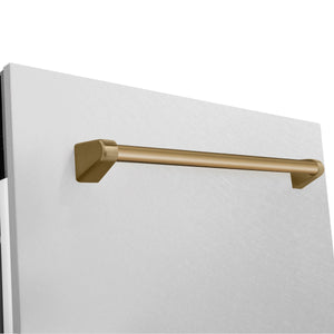 ZLINE Autograph Edition 24" 3rd Rack Top Control Tall Tub Dishwasher in DuraSnow® Stainless Steel with Champagne Bronze Handle, 51dBa (DWVZ-SN-24-CB)