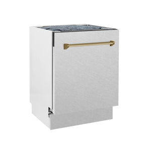 ZLINE Autograph Edition 24" 3rd Rack Top Control Tall Tub Dishwasher in DuraSnow® Stainless Steel with Champagne Bronze Handle, 51dBa (DWVZ-SN-24-CB)