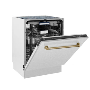 ZLINE Autograph Edition 24" 3rd Rack Top Control Tall Tub Dishwasher in DuraSnow® Stainless Steel with Champagne Bronze Handle, 51dBa (DWVZ-SN-24-CB)