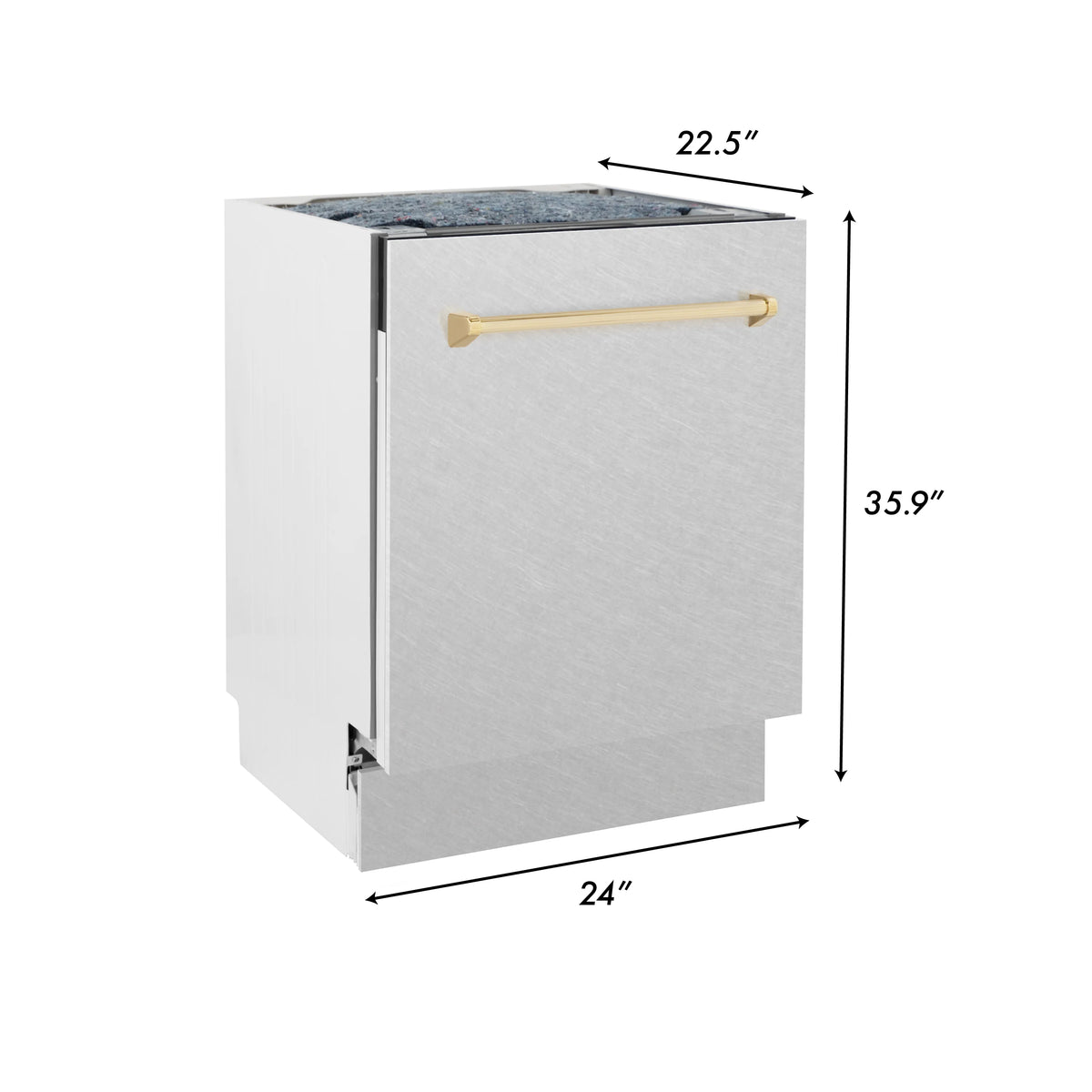 ZLINE - Autograph Edition 24&quot; 3rd Rack Top Control Tall Tub Dishwasher in DuraSnow® Stainless Steel with Gold Handle, 51dBa (DWVZ-SN-24-G)