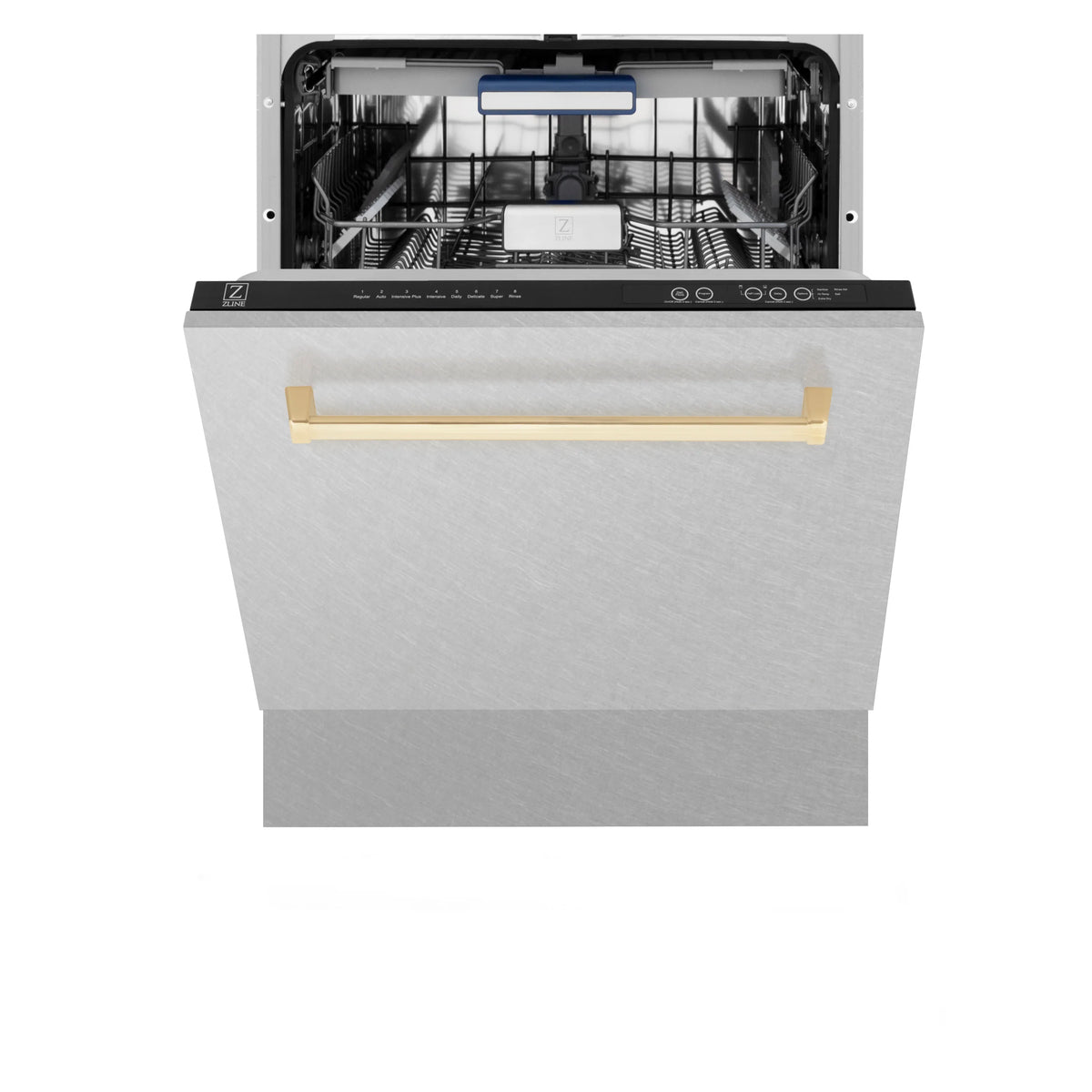 ZLINE - Autograph Edition 24&quot; 3rd Rack Top Control Tall Tub Dishwasher in DuraSnow® Stainless Steel with Gold Handle, 51dBa (DWVZ-SN-24-G)