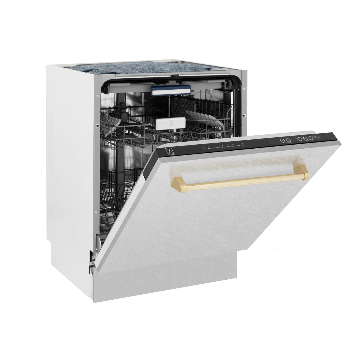 ZLINE - Autograph Edition 24&quot; 3rd Rack Top Control Tall Tub Dishwasher in DuraSnow® Stainless Steel with Gold Handle, 51dBa (DWVZ-SN-24-G)