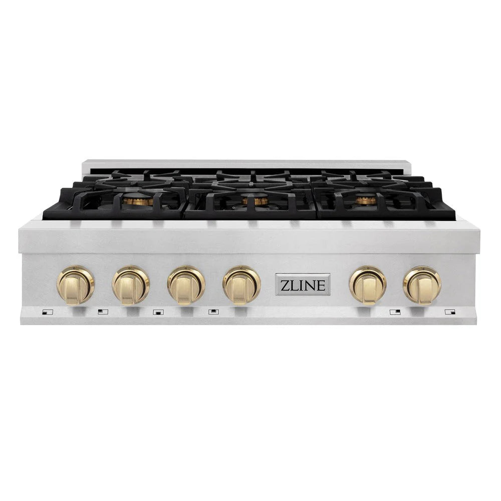 ZLINE - Autograph Edition 36 in. Legacy Gas Rangetop with 6 Burners and Porcelain Cooktop in Satin Stainless Steel with Polished Gold Accents