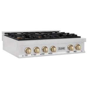 ZLINE - Autograph Edition 36 in. Legacy Gas Rangetop with 6 Burners and Porcelain Cooktop in Satin Stainless Steel with Polished Gold Accents