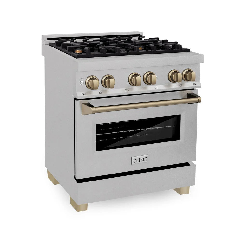 ZLINE - Autograph Edition 30 in. 4.0 cu. ft. Legacy Dual Fuel Range with 4 Burner Gas Cooktop and Electric Convection Oven in Satin Stainless Steel and Champagne Bronze Accents