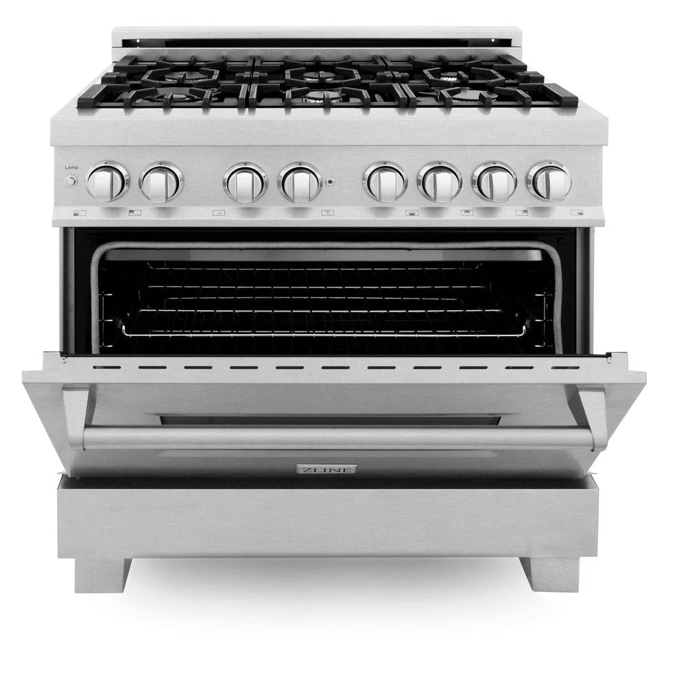ZLINE - 36 in. Kitchen Package with Satin Stainless Steel Dual Fuel Range and Convertible Vent Range Hood