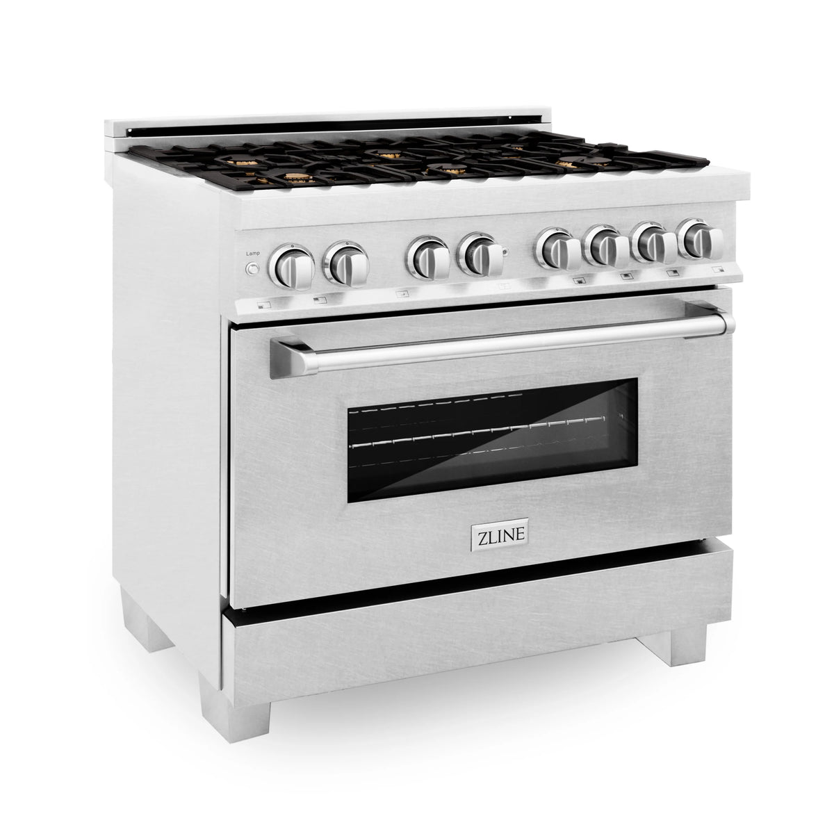 ZLINE - 36&quot; 4.6 cu. ft. Dual Fuel Range with Gas Stove and Electric Oven in Fingerprint Resistant Stainless Steel and Brass Burners (RAS-SN-BR-36)
