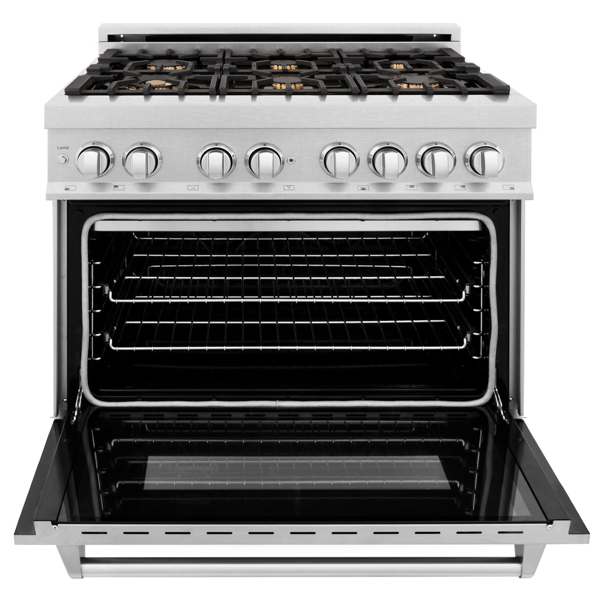 ZLINE - 36&quot; 4.6 cu. ft. Dual Fuel Range with Gas Stove and Electric Oven in Fingerprint Resistant Stainless Steel and Brass Burners (RAS-SN-BR-36)