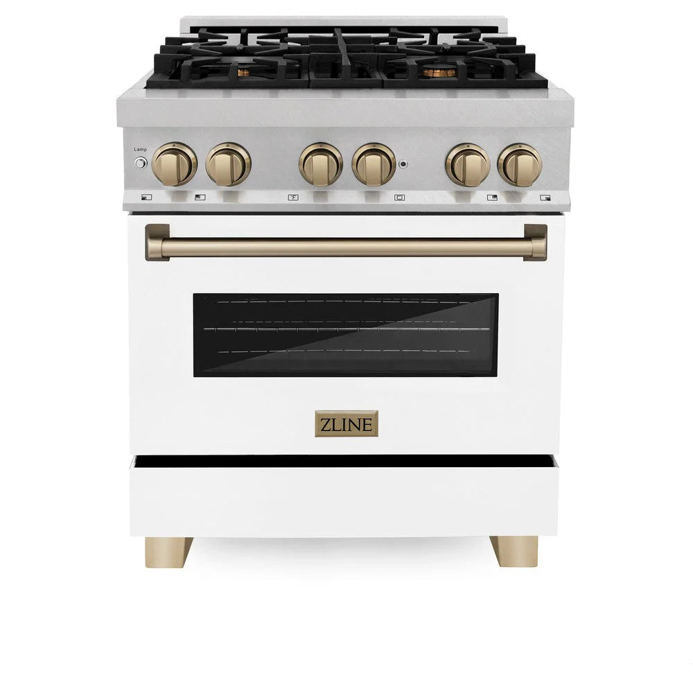 ZLINE - Autograph Edition 30 in. 4.0 cu. ft. Legacy Dual Fuel Range with 4 Burner Gas Cooktop and Electric Convection Oven in Satin Stainless Steel with White Matte Door and Champagne Bronze Accents