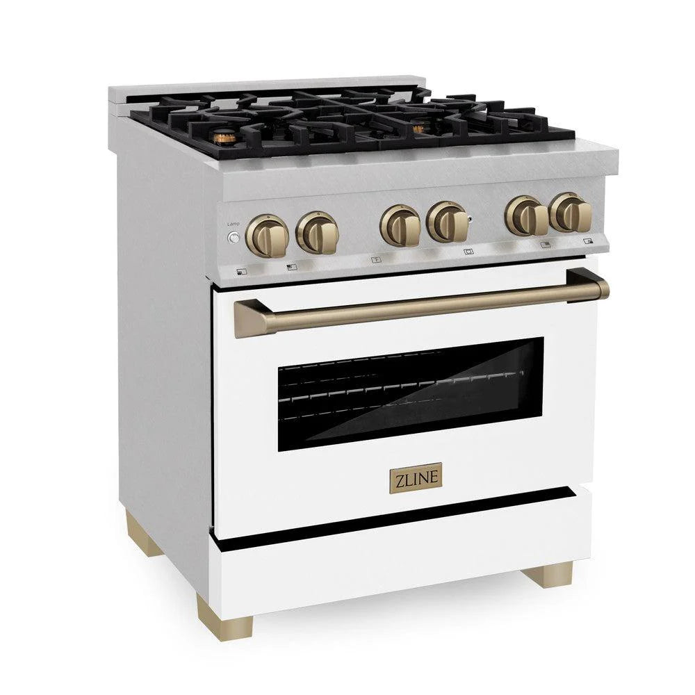 ZLINE - Autograph Edition 30 in. 4.0 cu. ft. Legacy Dual Fuel Range with 4 Burner Gas Cooktop and Electric Convection Oven in Satin Stainless Steel with White Matte Door and Champagne Bronze Accents