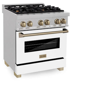 ZLINE - Autograph Edition 30 in. 4.0 cu. ft. Legacy Dual Fuel Range with 4 Burner Gas Cooktop and Electric Convection Oven in Satin Stainless Steel with White Matte Door and Champagne Bronze Accents