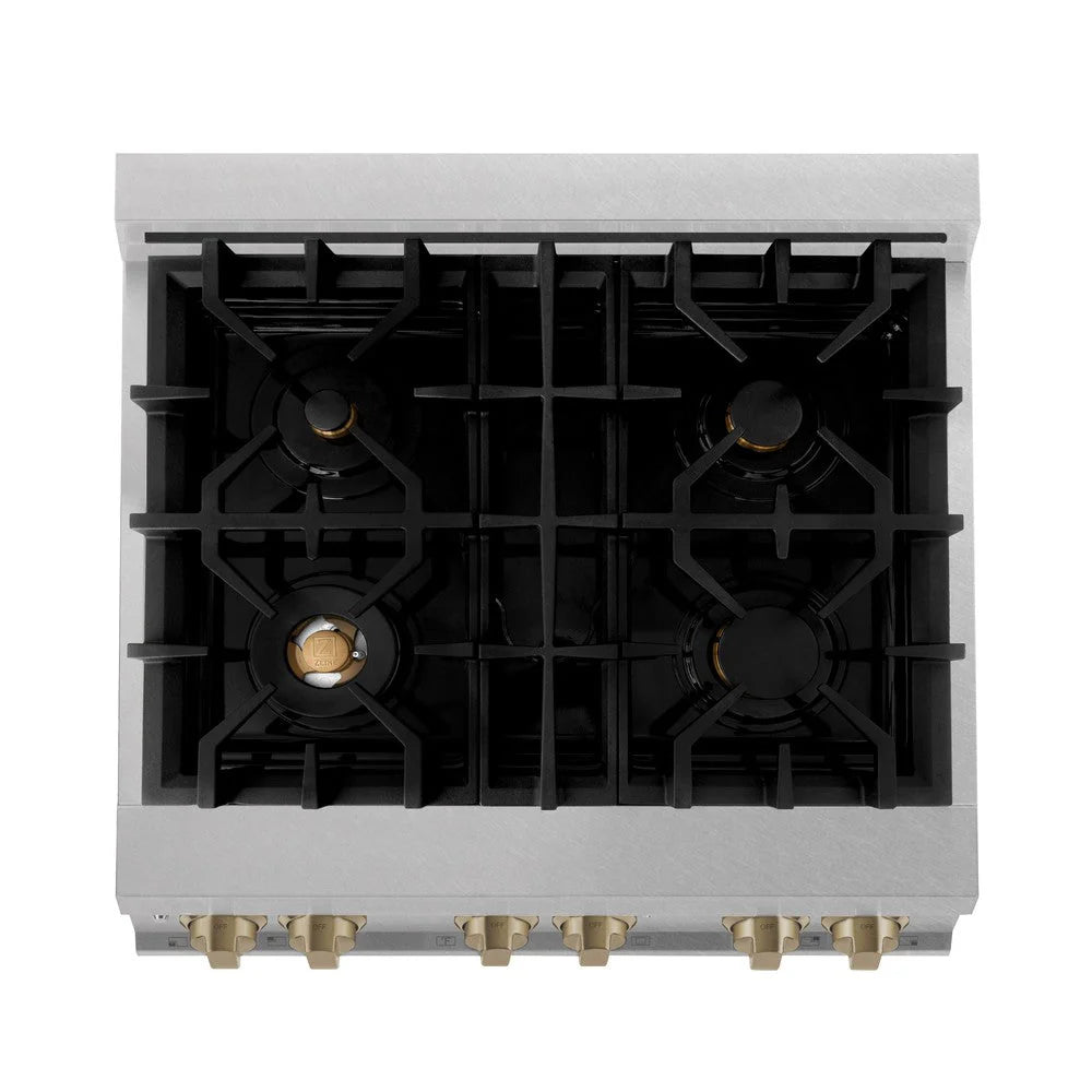 ZLINE - Autograph Edition 30 in. 4.0 cu. ft. Legacy Dual Fuel Range with 4 Burner Gas Cooktop and Electric Convection Oven in Satin Stainless Steel with White Matte Door and Champagne Bronze Accents