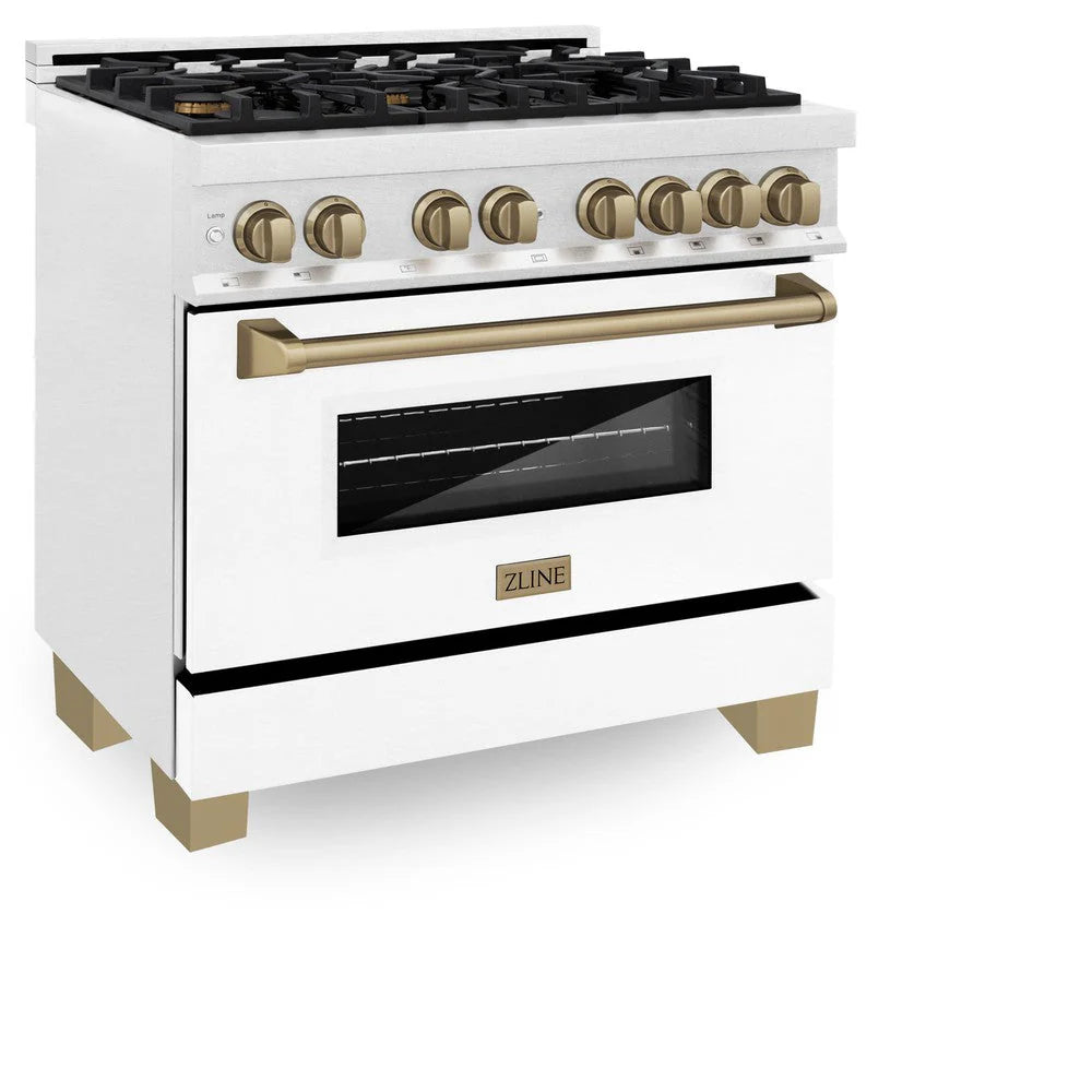 ZLINE - Autograph Edition 36 in. 4.6 cu. ft. Legacy Dual Fuel Range with 6 Burner Gas Cooktop and Electric Convection Oven in Satin Stainless Steel with White Matte Door and Champagne Bronze Accents