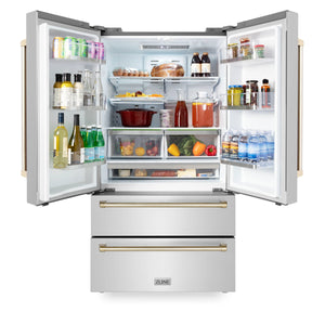 ZLINE 30" Autograph Edition Kitchen Package with Stainless Steel Dual Fuel Range, Range Hood, Dishwasher and Refrigeration with Gold Accents