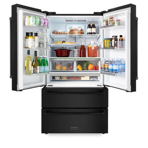 ZLINE - Kitchen Package with Black Stainless Steel Refrigeration, 36" Dual Fuel Range, 36" Range Hood, Microwave Drawer, and 24" Tall Tub Dishwasher