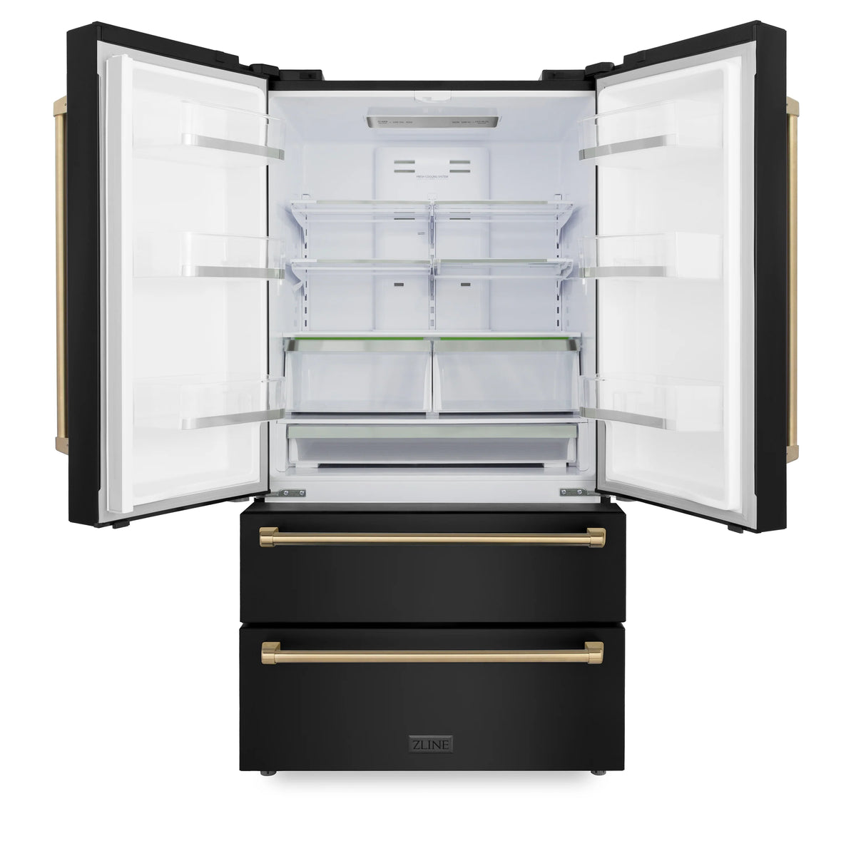 ZLINE - 36&quot; Autograph Edition 22.5 cu. ft French Door Refrigerator, Ice Maker in Fingerprint Resistant Black Stainless Steel, Champagne Bronze Accents