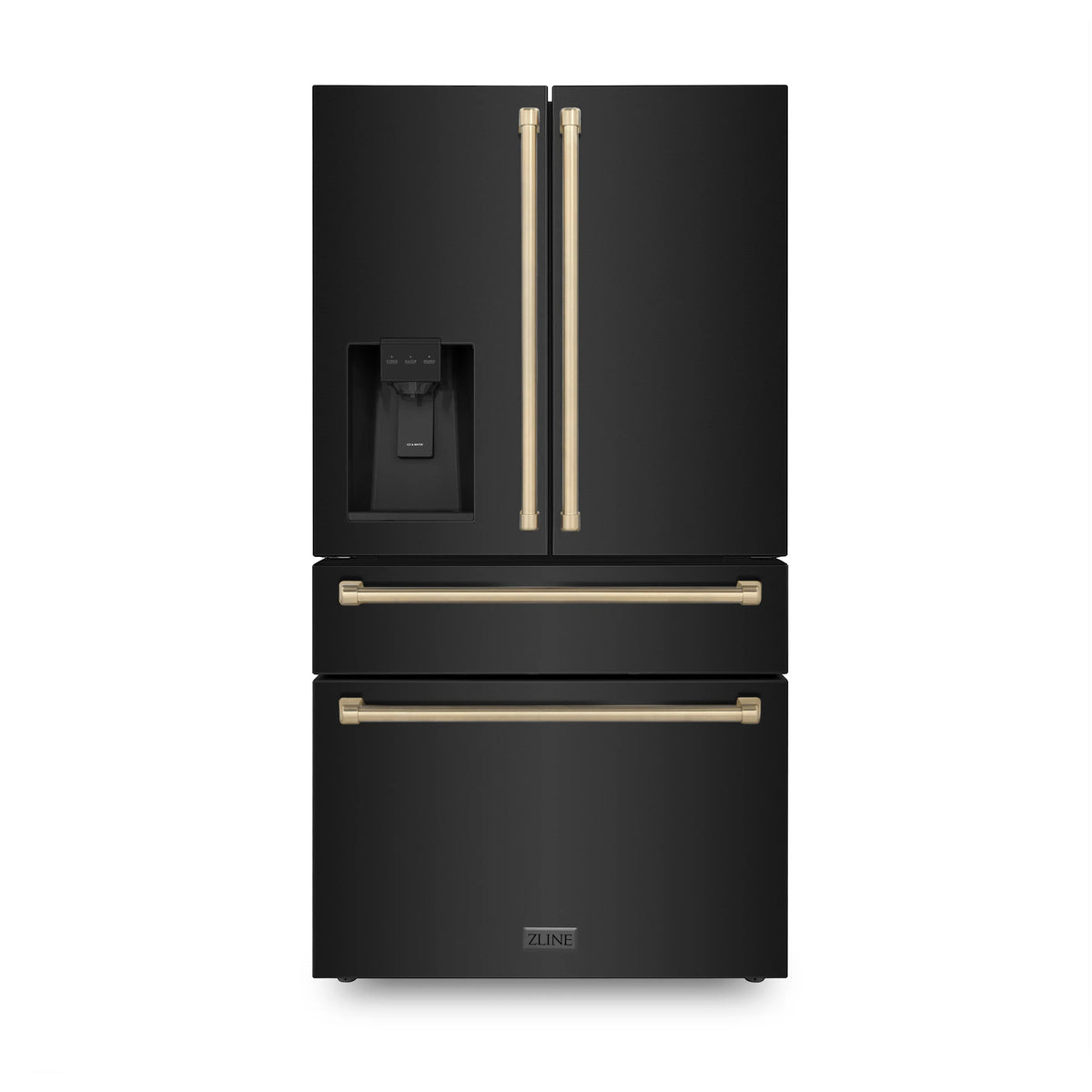 ZLINE - 36&quot; Autograph Edition 21.6 cu. ft French Door Refrigerator, Water, Ice Dispenser in Black Stainless Steel, Champagne Bronze Handles