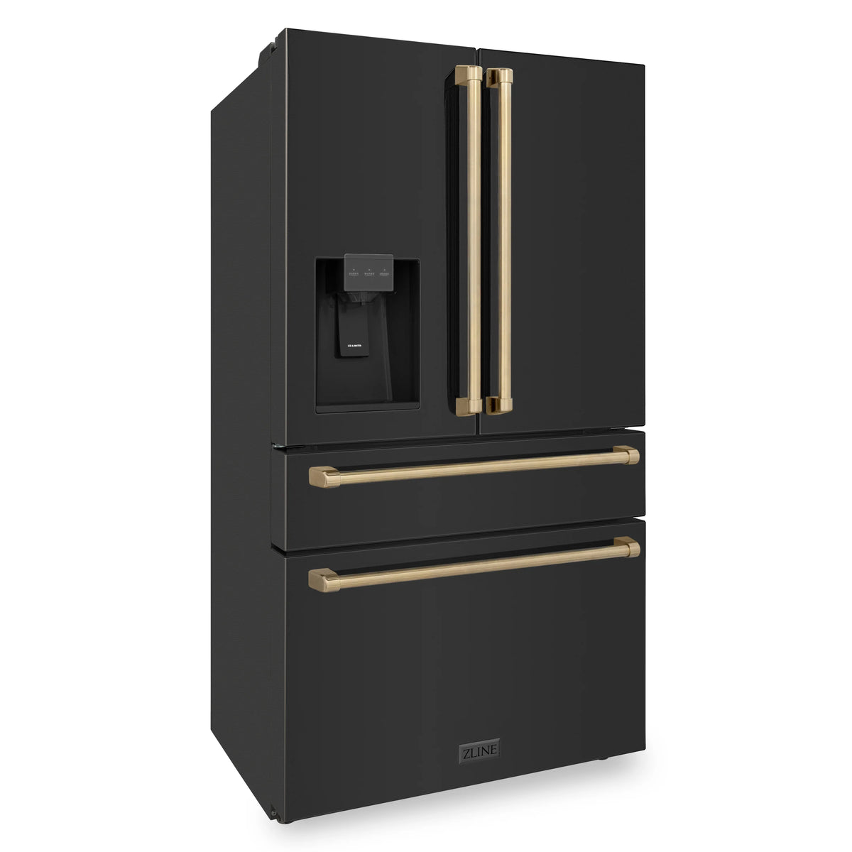 ZLINE - 36&quot; Autograph Edition 21.6 cu. ft French Door Refrigerator, Water, Ice Dispenser in Black Stainless Steel, Champagne Bronze Handles