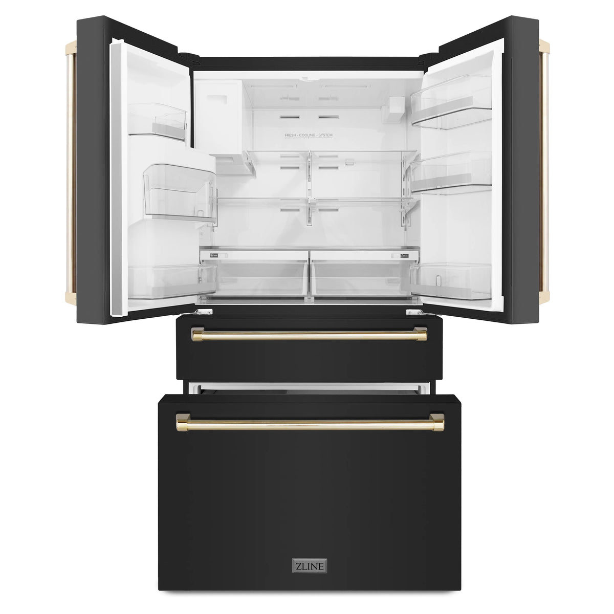 ZLINE - 36&quot; Autograph Edition 21.6 cu. ft French Door Refrigerator, Water, Ice Dispenser in Fingerprint Resistant Black Stainless Steel, Gold Handles