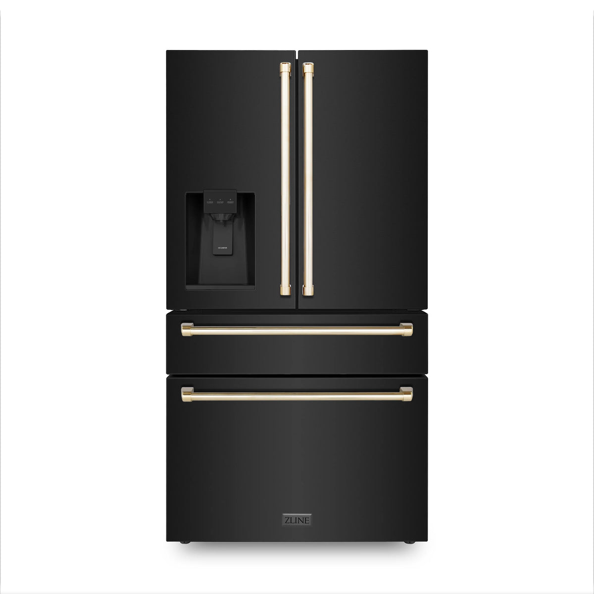 ZLINE - 36&quot; Autograph Edition 21.6 cu. ft French Door Refrigerator, Water, Ice Dispenser in Fingerprint Resistant Black Stainless Steel, Gold Handles