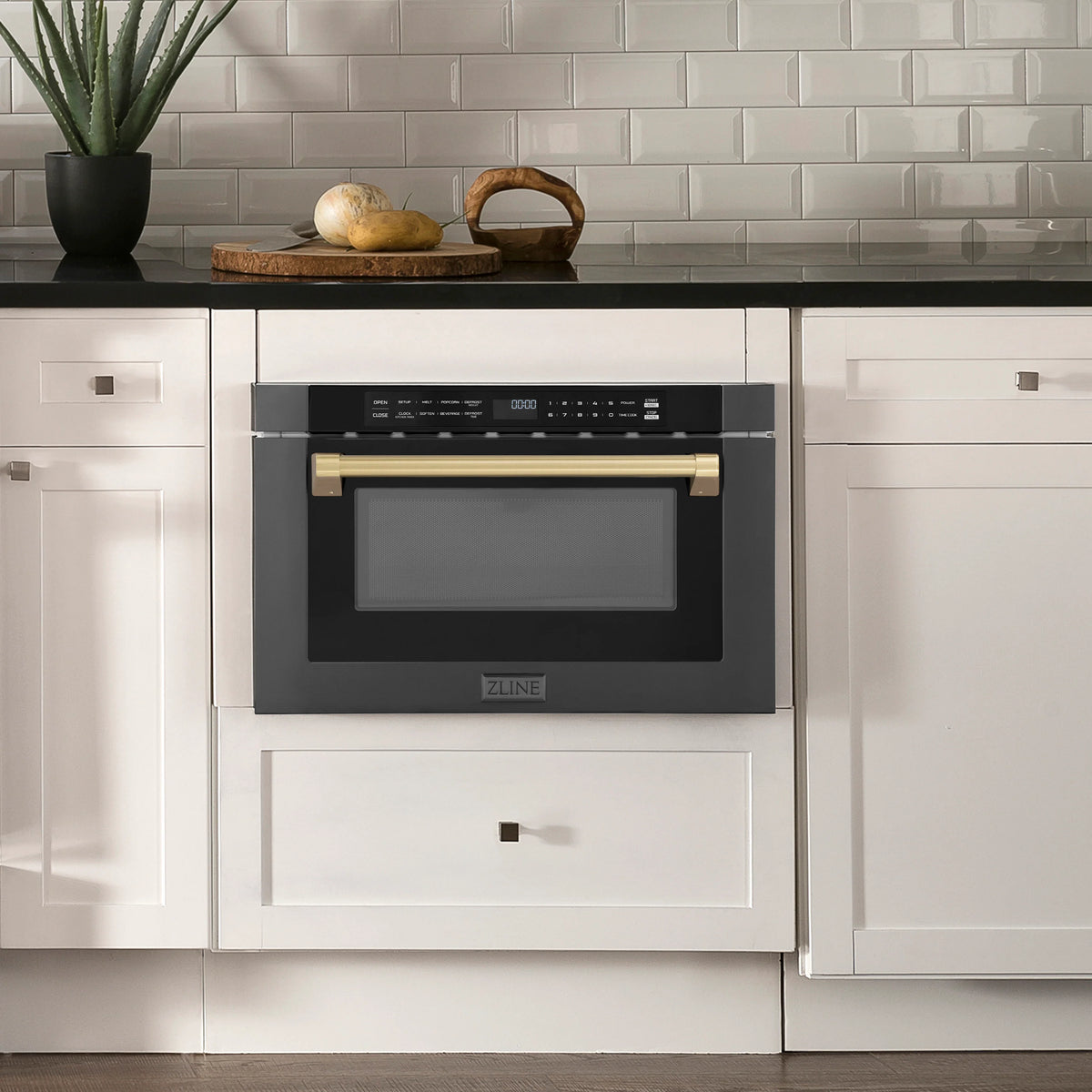 ZLINE - Autograph Edition 24&quot; 1.2 cu. ft. Built-in Microwave Drawer in Black Stainless Steel and Champagne Bronze Accents