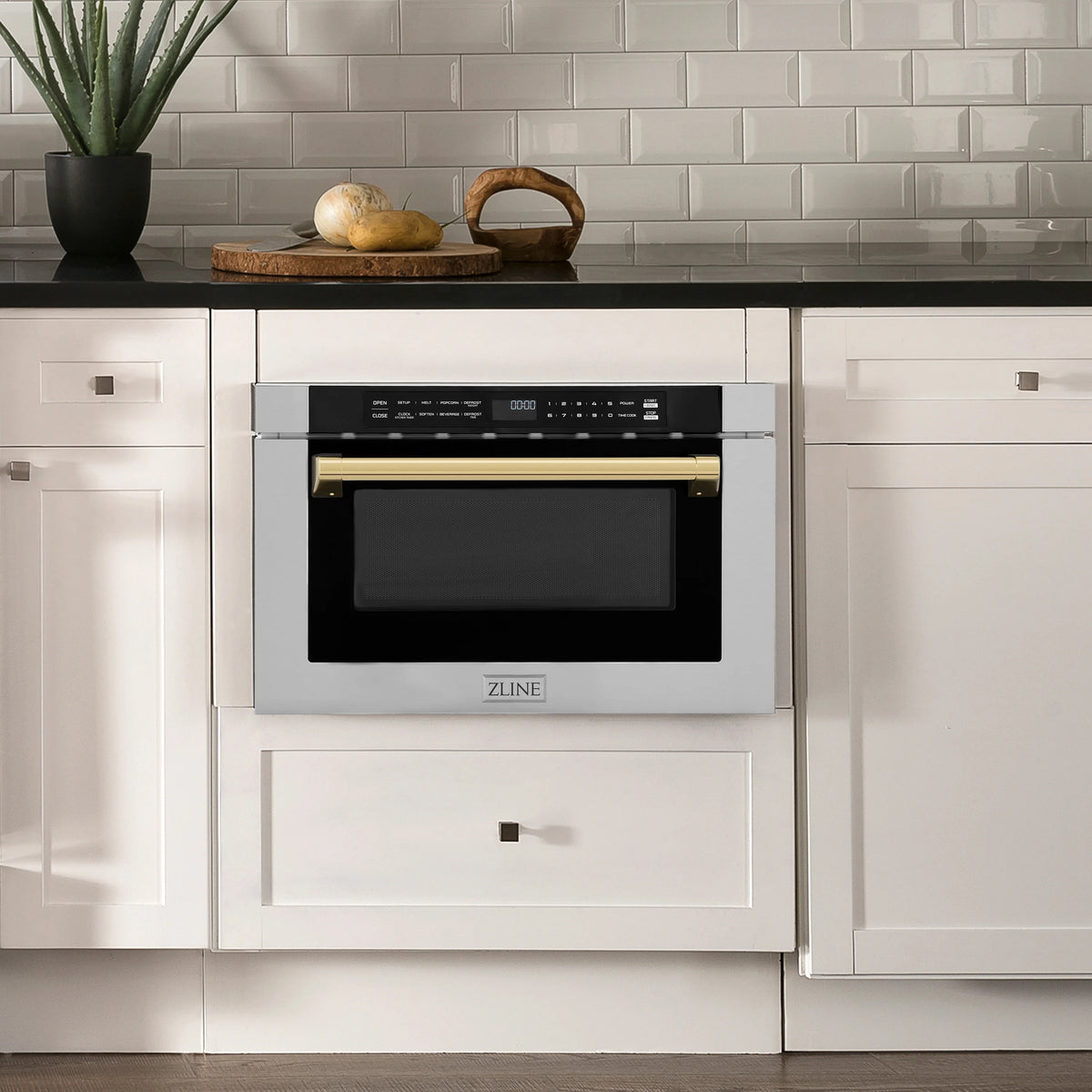 ZLINE - Autograph Edition 24&quot; 1.2 cu. ft. Built-in Microwave Drawer with a Traditional Handle in Stainless Steel and Gold Accents