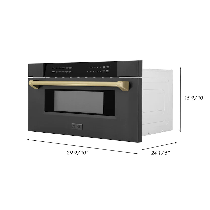 ZLINE - Autograph Edition 30&quot; 1.2 cu. ft. Built-in Microwave Drawer in Black Stainless Steel and Champagne Bronze Accents